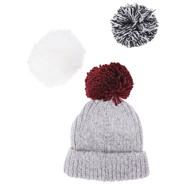 Multi Pom-Pom Beanie in Grey