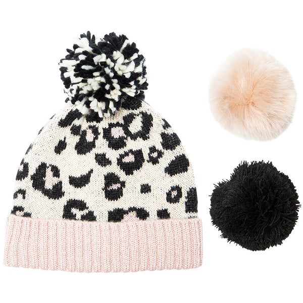 Multi Pom-Pom Beanie in Leopard Print