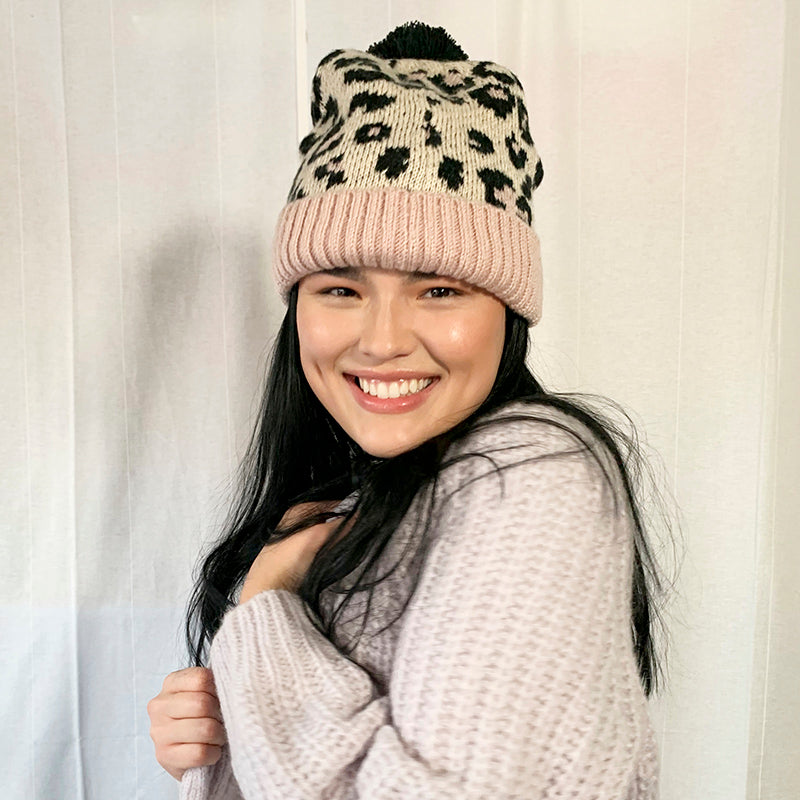 Multi Pom-Pom Beanie in Leopard Print