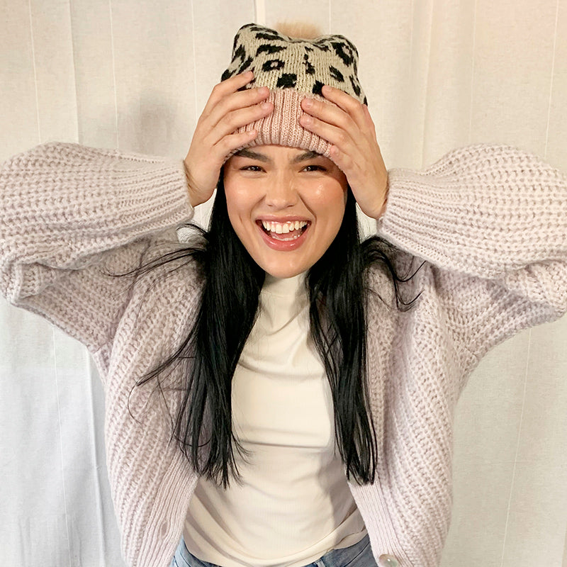 Multi Pom-Pom Beanie in Leopard Print