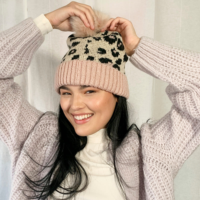 Multi Pom-Pom Beanie in Leopard Print